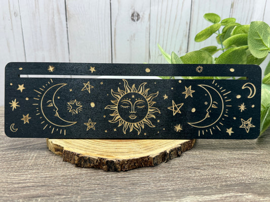 Card Stand, Card Holder, Card Board - Wooden Rectangle Sun & Crescent Moons with Faces (black)