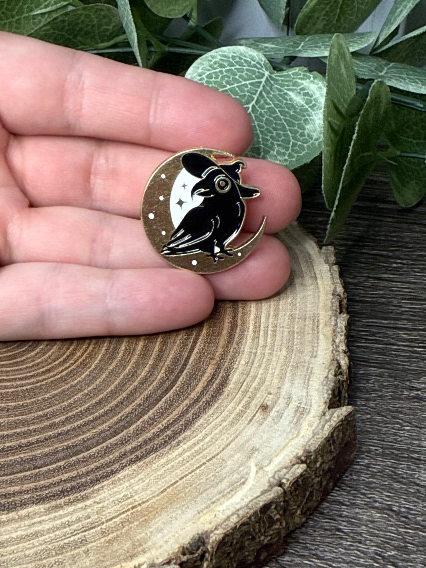 Bird with Witch Hat and Moon Pin