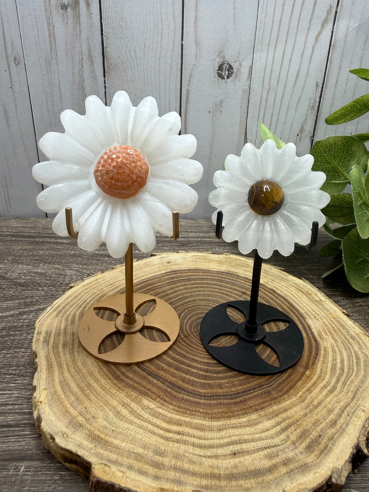 Daisy on Stand - Selenite and orange calcite or tigers eye middles