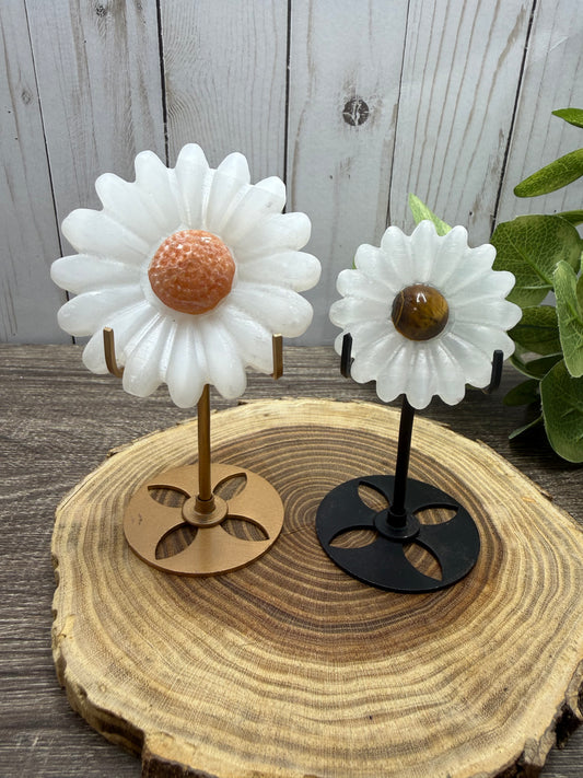 Daisy on Stand - Selenite and orange calcite or tigers eye middles