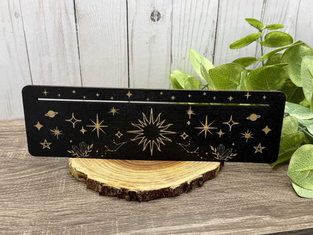 Card Stand, Card Holder, Card Board - Wooden Rectangle Sun, Crystals, Stars, Moon, Planet (Black)