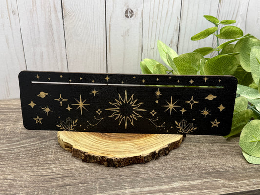 Card Stand, Card Holder, Card Board - Wooden Rectangle Sun, Crystals, Stars, Moon, Planet (Black)