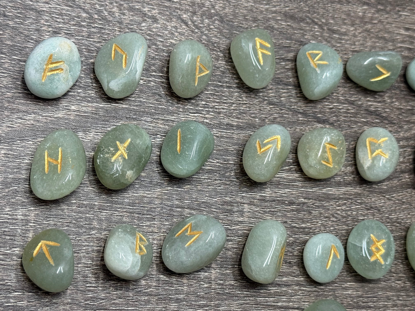 Green Aventurine Rune Stones Set Crystal with Elder Futhark Letterings - Set 1