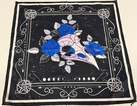 Altar Cloth - bird skull, blue roses, moon phases