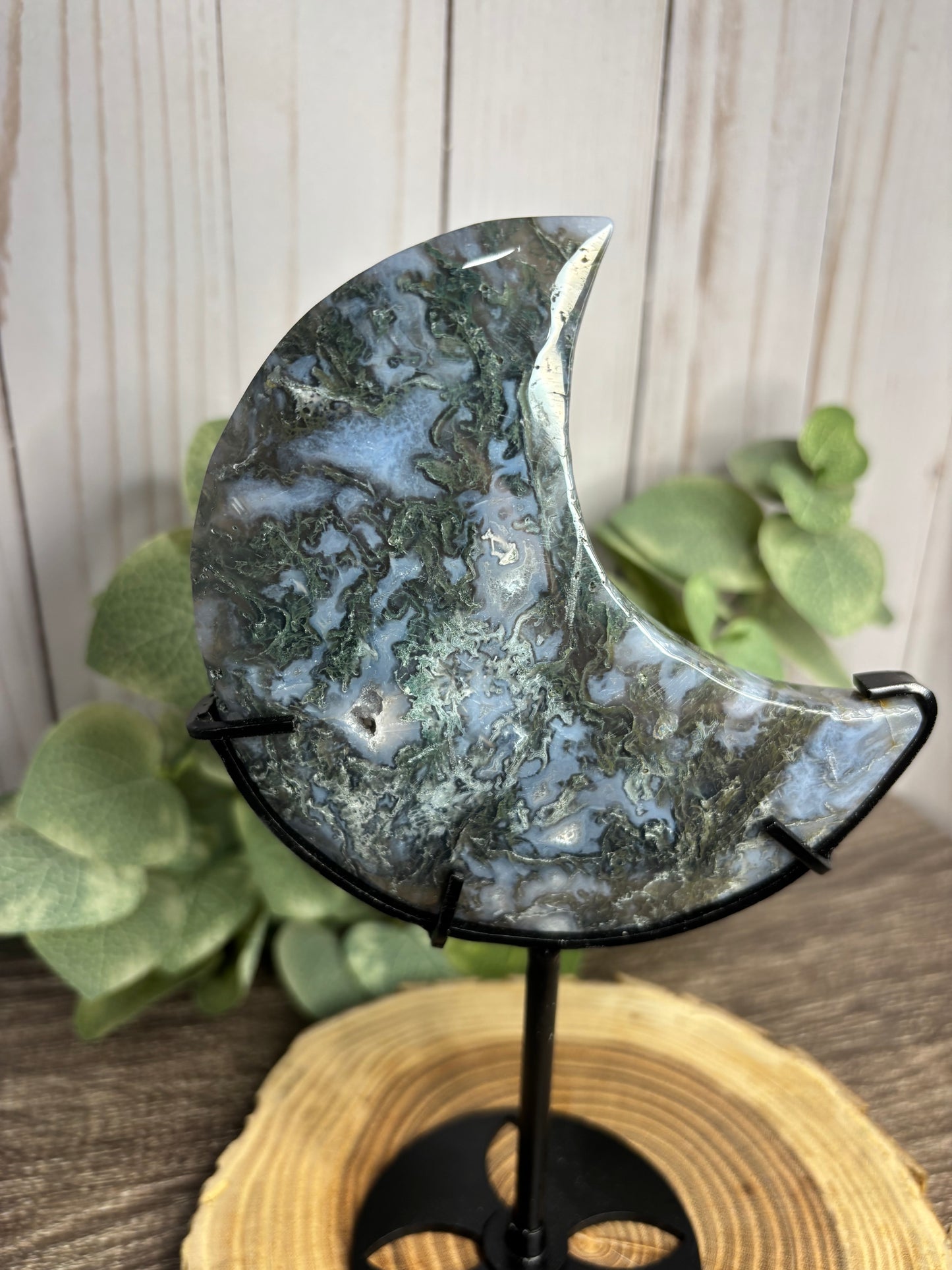 Moss Agate Moon on Stand