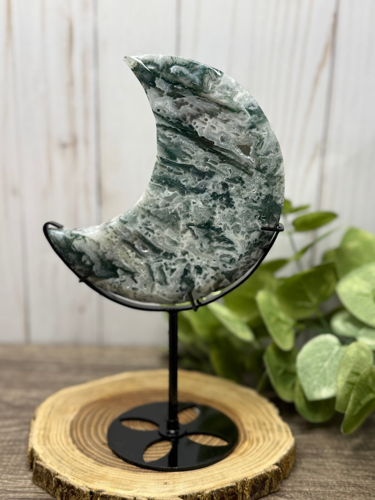 Moss Agate Moons on Stands (larger)