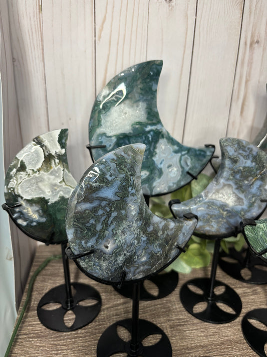 Moss Agate Moon on Stand