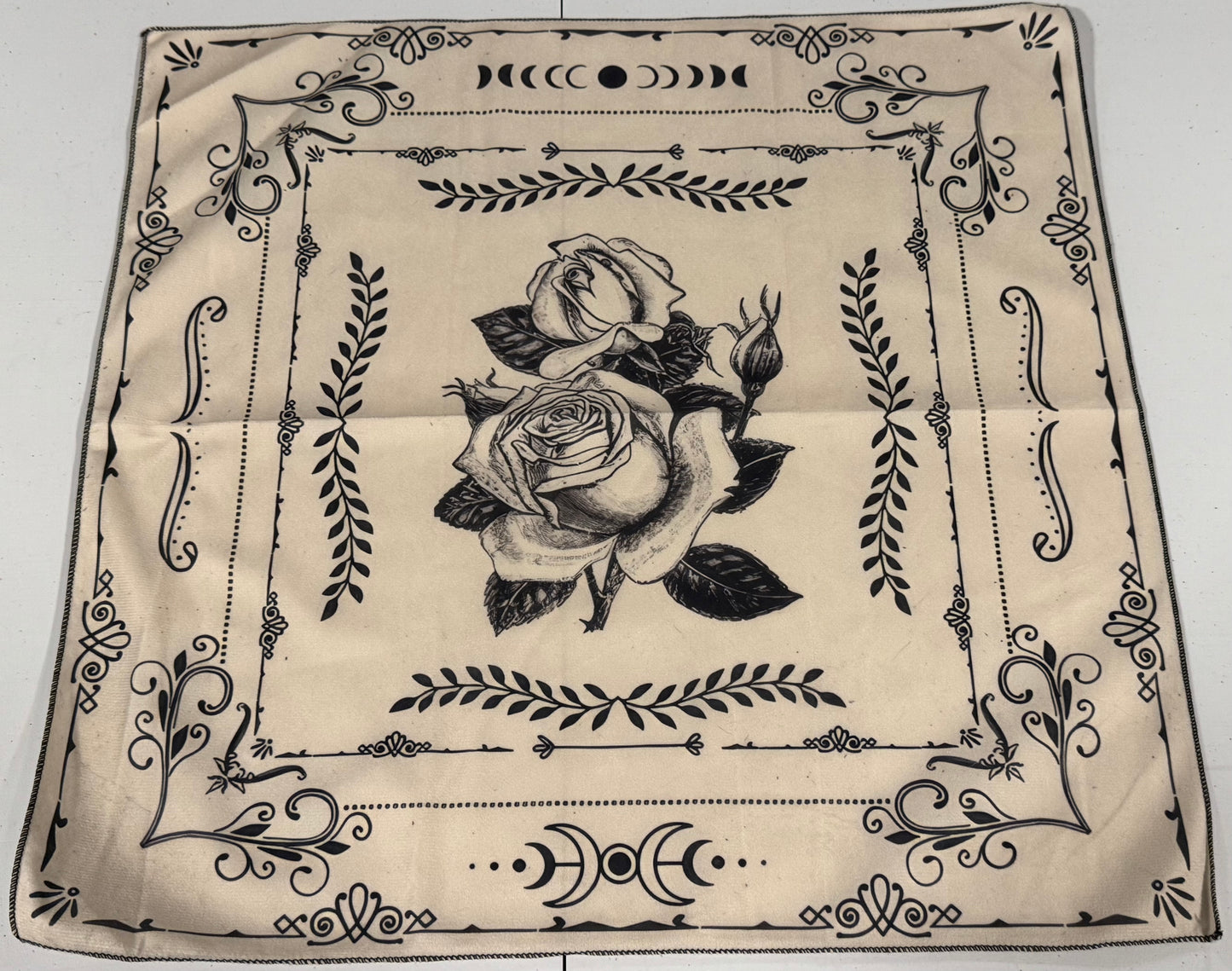 Altar Cloth Suede cream & black - floral roses and moon phases