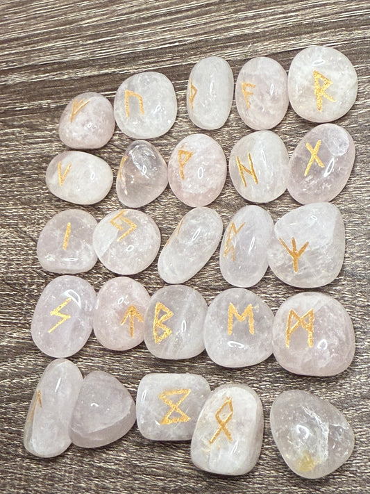 Rose Quartz Rune Stones Set #1 Crystal with Elder Futhark Letterings