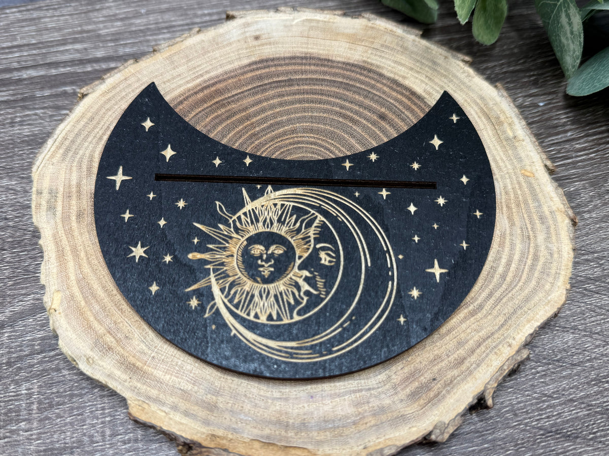 Card Stand, Card Holder, Card Board - Wooden Half Moon, Sun & Moon with Face (black)