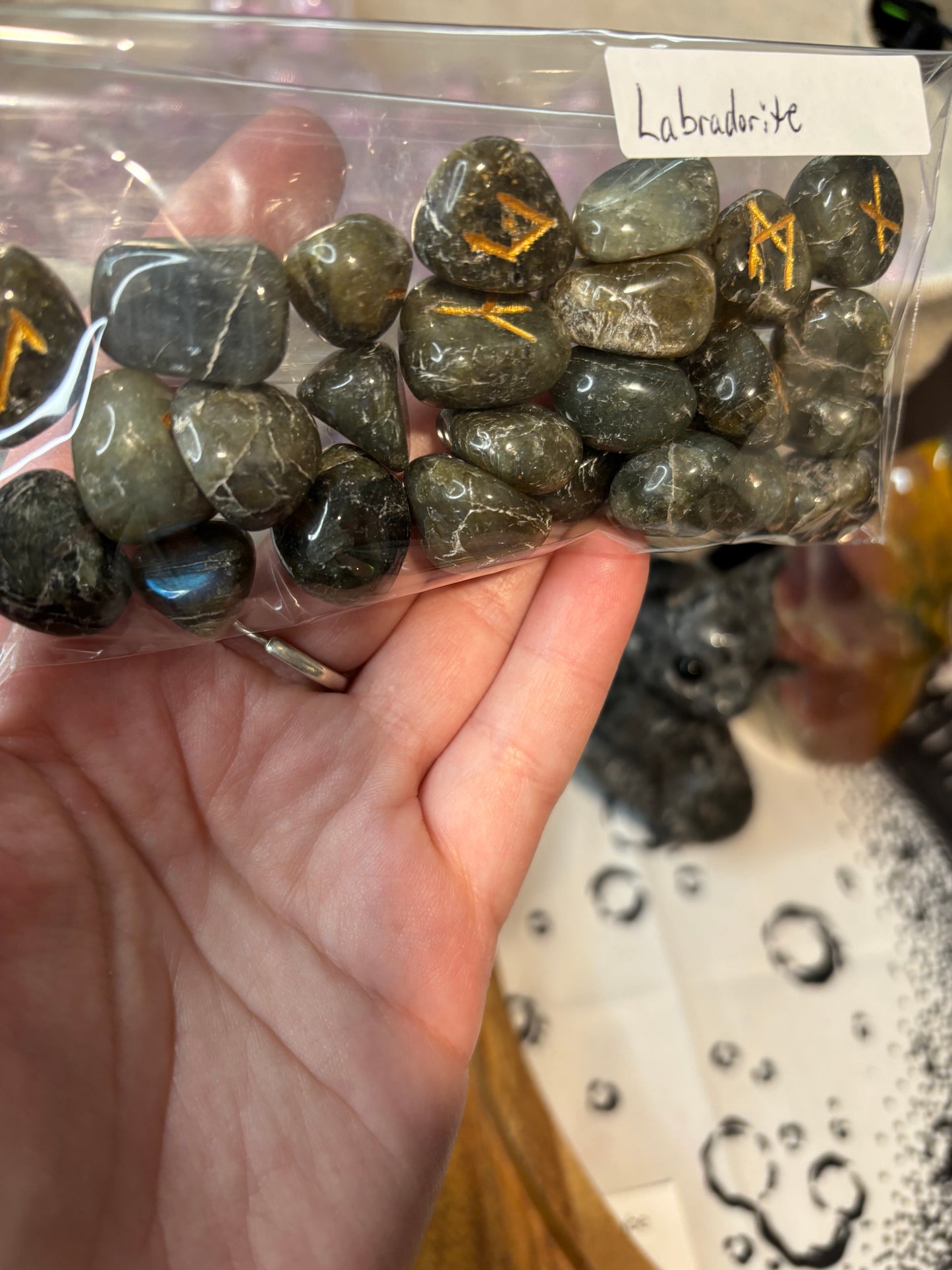 Labradorite Rune Stones Set Crystal with Elder Futhark Letterings