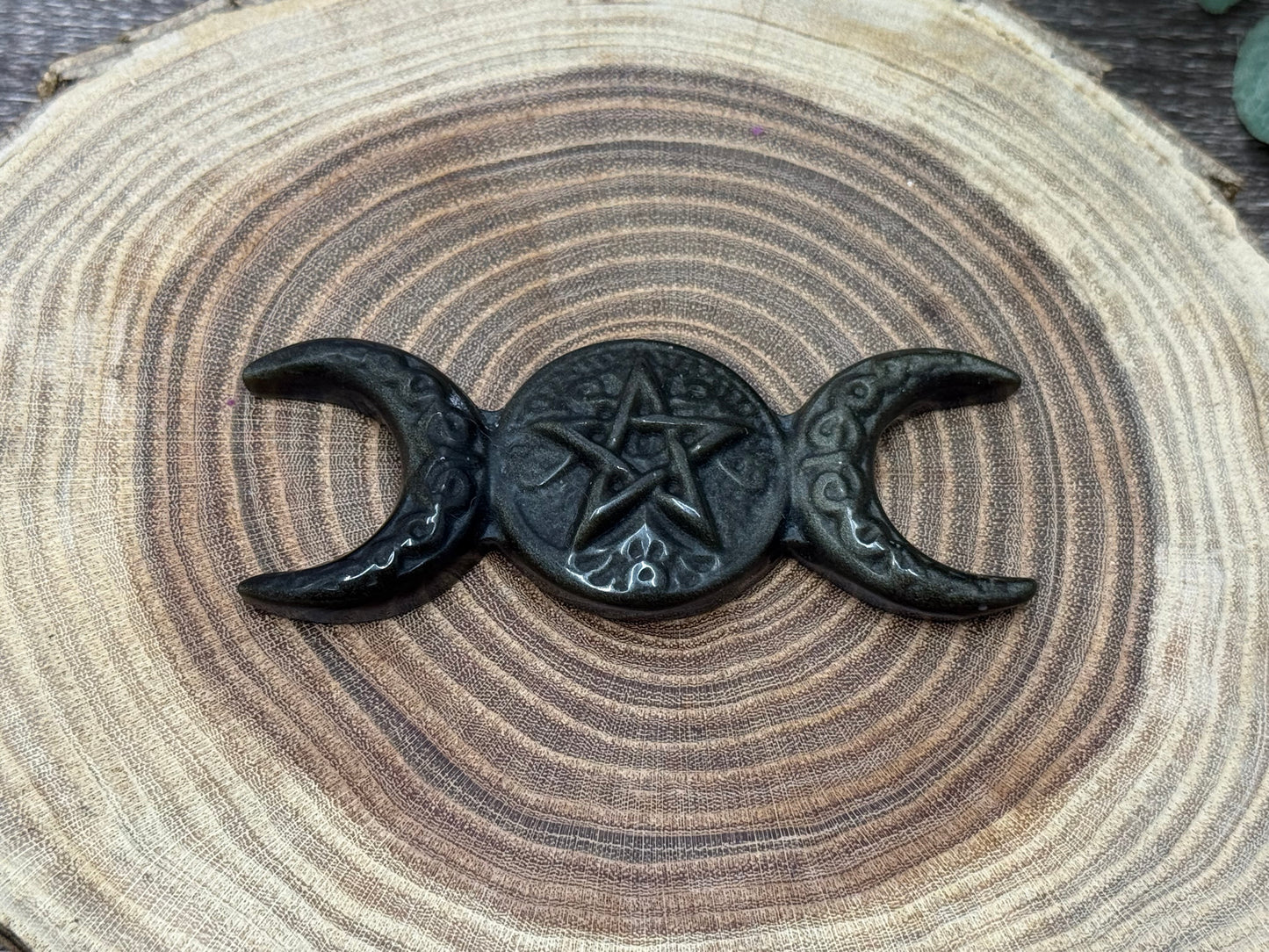 Triple Moon Obsidian Sheen Carving