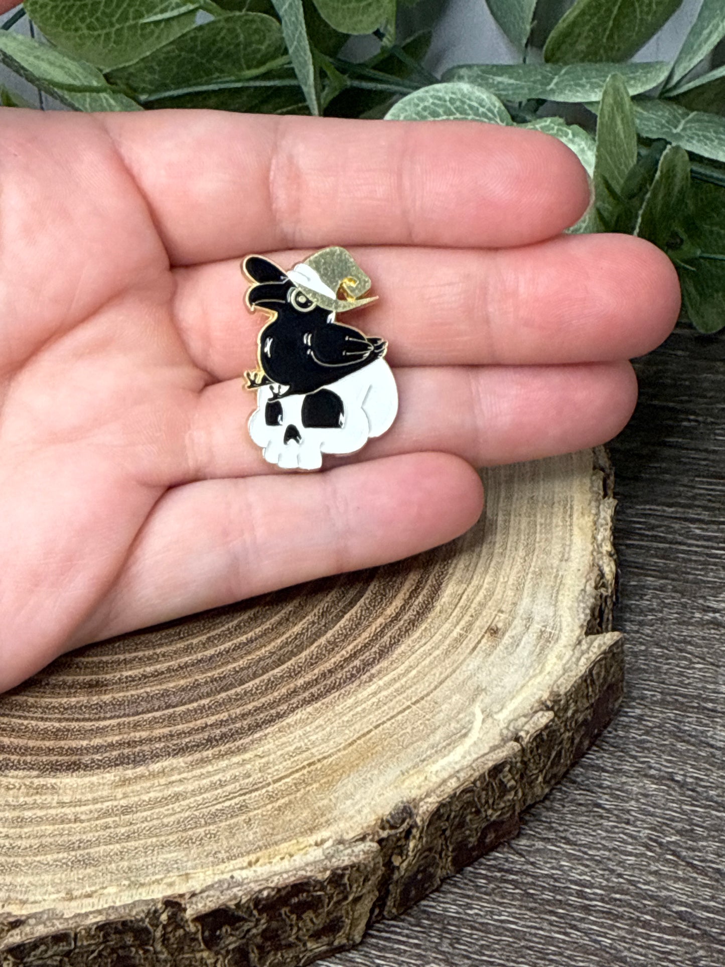 Bird with Witch Hat and Skull Pin