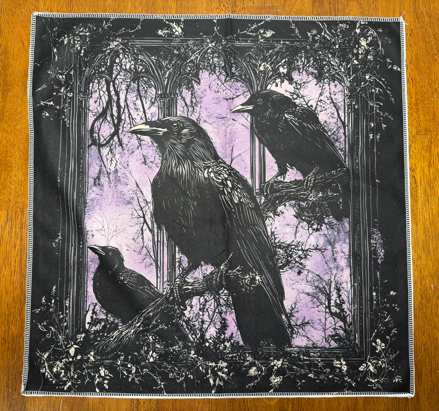 Altar Cloth - black & purple - 3 Birds on branches, Crows, Ravens