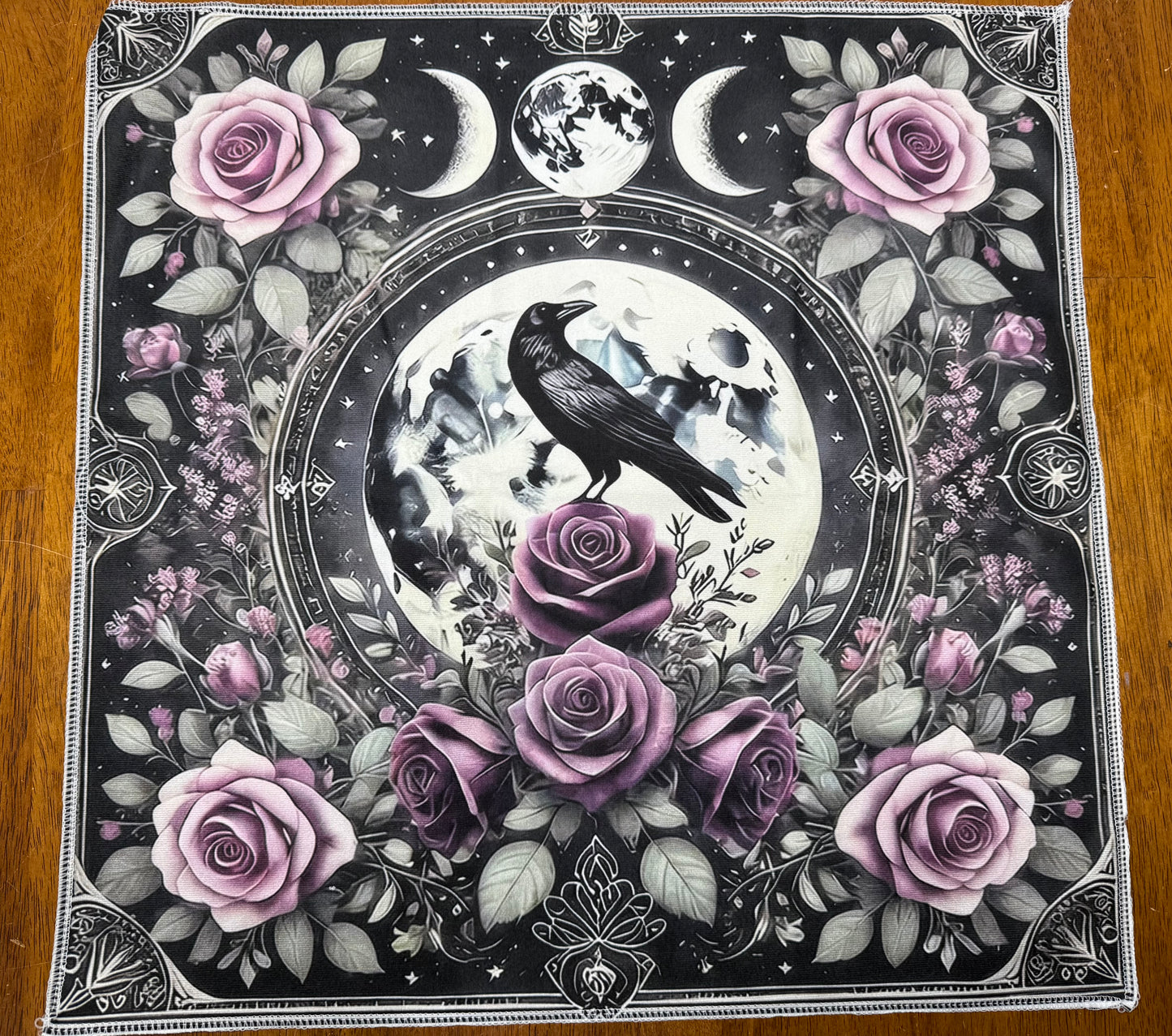 Altar Cloth - black - Bird, Full Moon, Purple Roses, Triple Moon