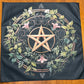 Altar Cloth - Black - Wood Looking Pentacle, wreath with leaves and flowers