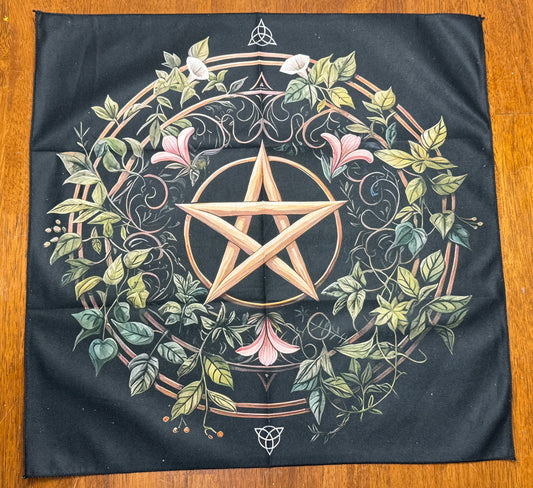 Altar Cloth - Black - Wood Looking Pentacle, wreath with leaves and flowers