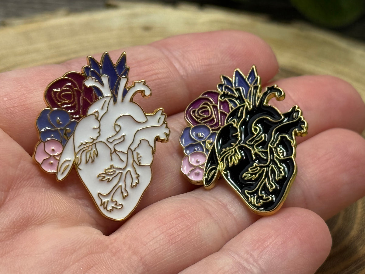 Anatomical Heart and Flowers Pin - Black or White
