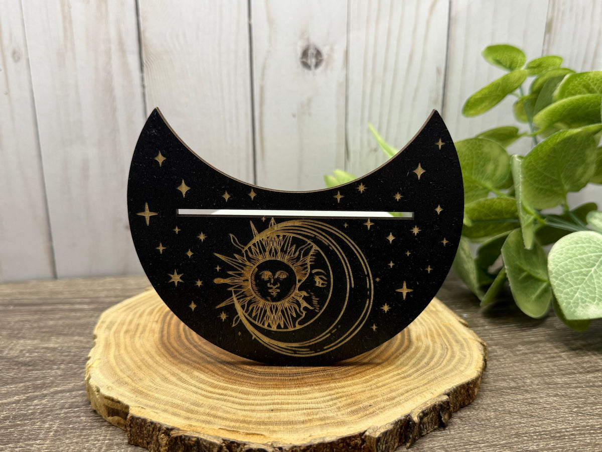 Card Stand, Card Holder, Card Board - Wooden Half Moon, Sun & Moon with Face (black)