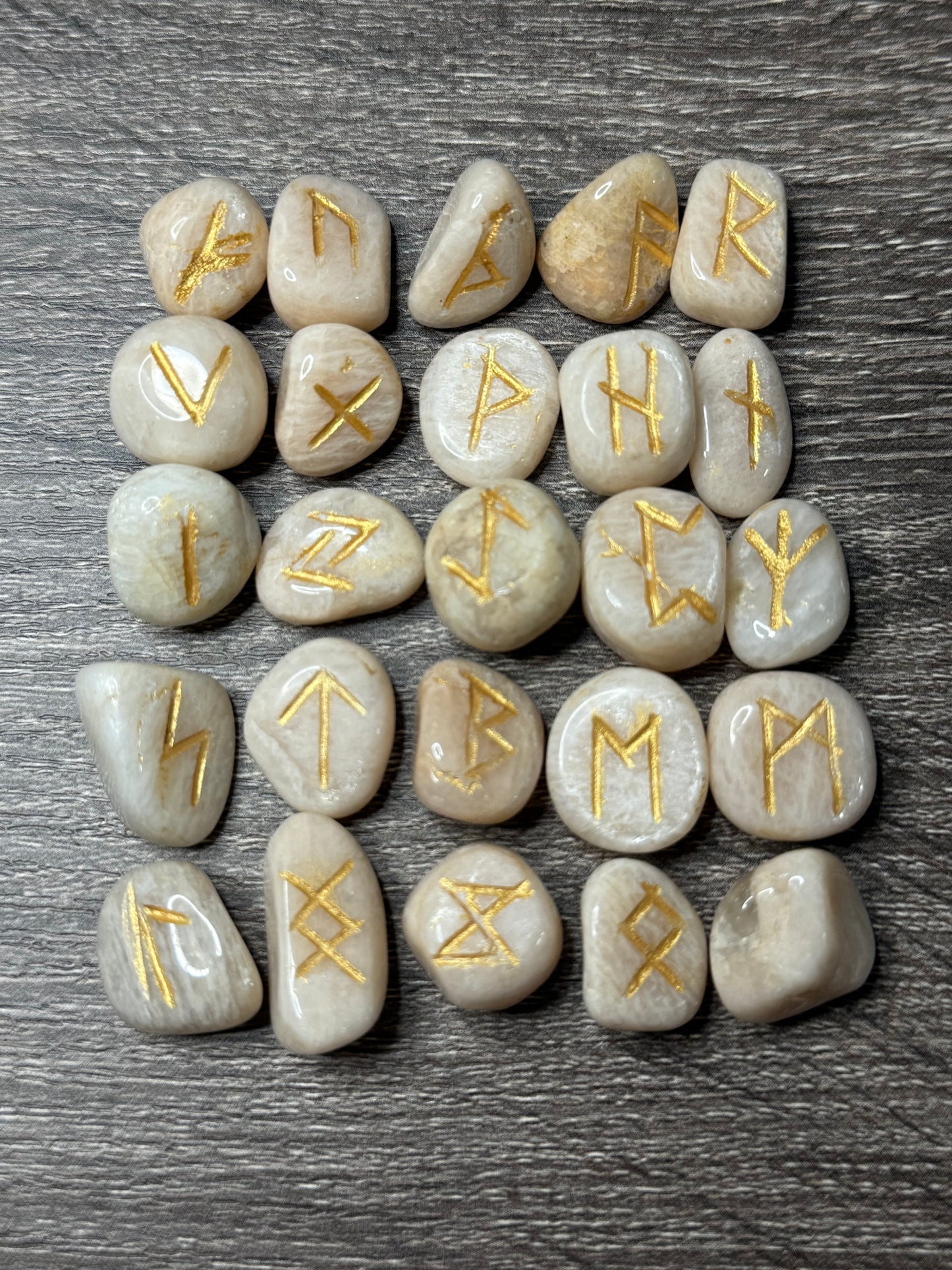 Peach Moonstone Rune Stones Set #2 Crystal with Elder Futhark Letterings