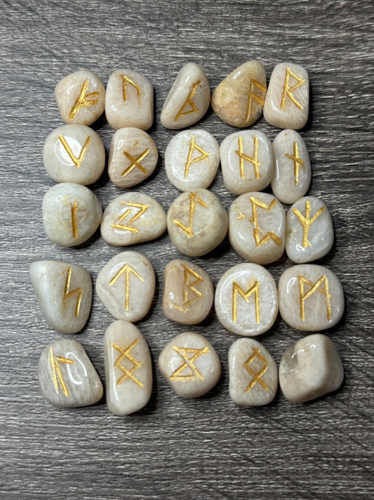 Peach Moonstone Rune Stones Set #2 Crystal with Elder Futhark Letterings