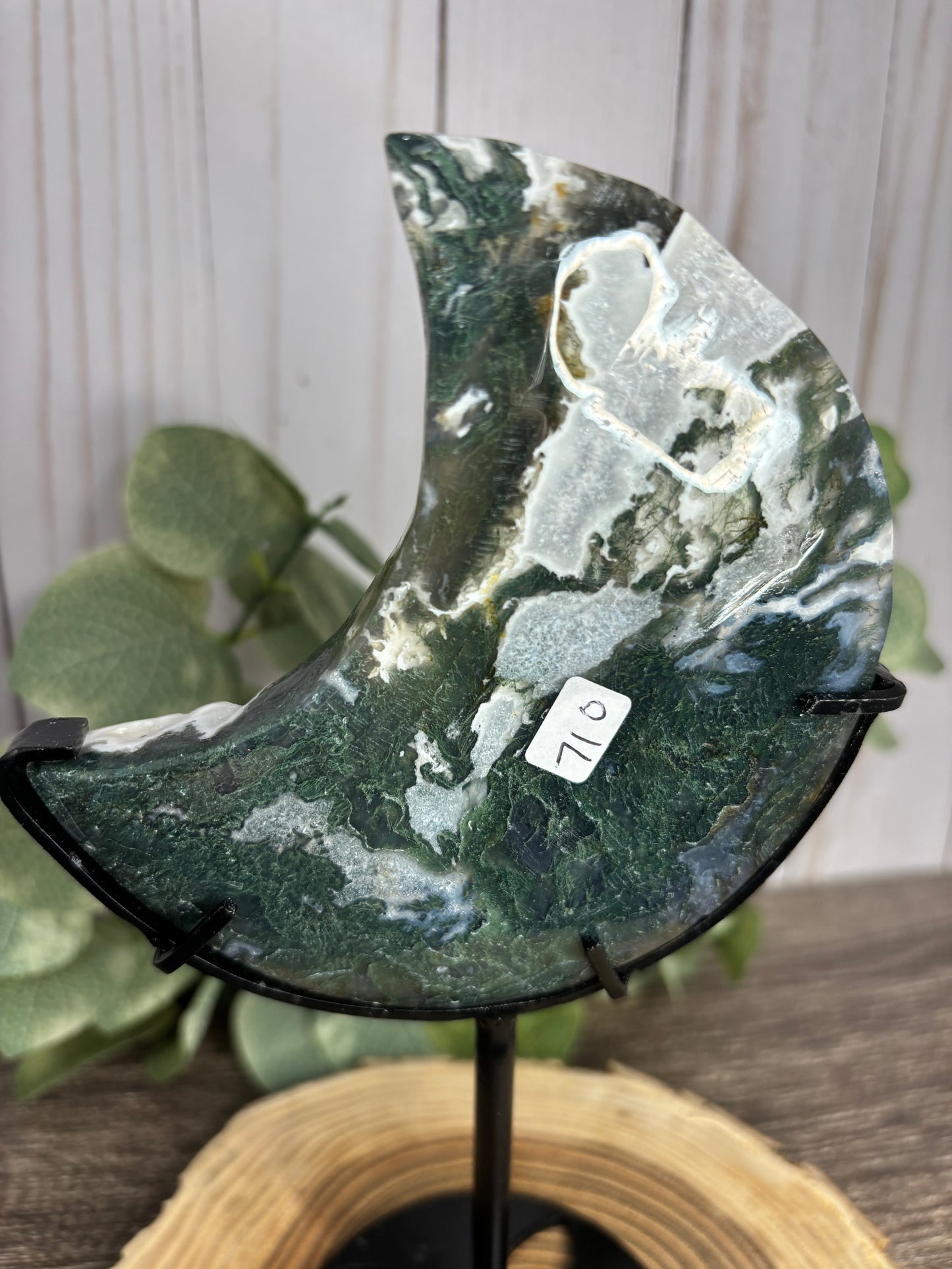 Moss Agate Moon on Stand