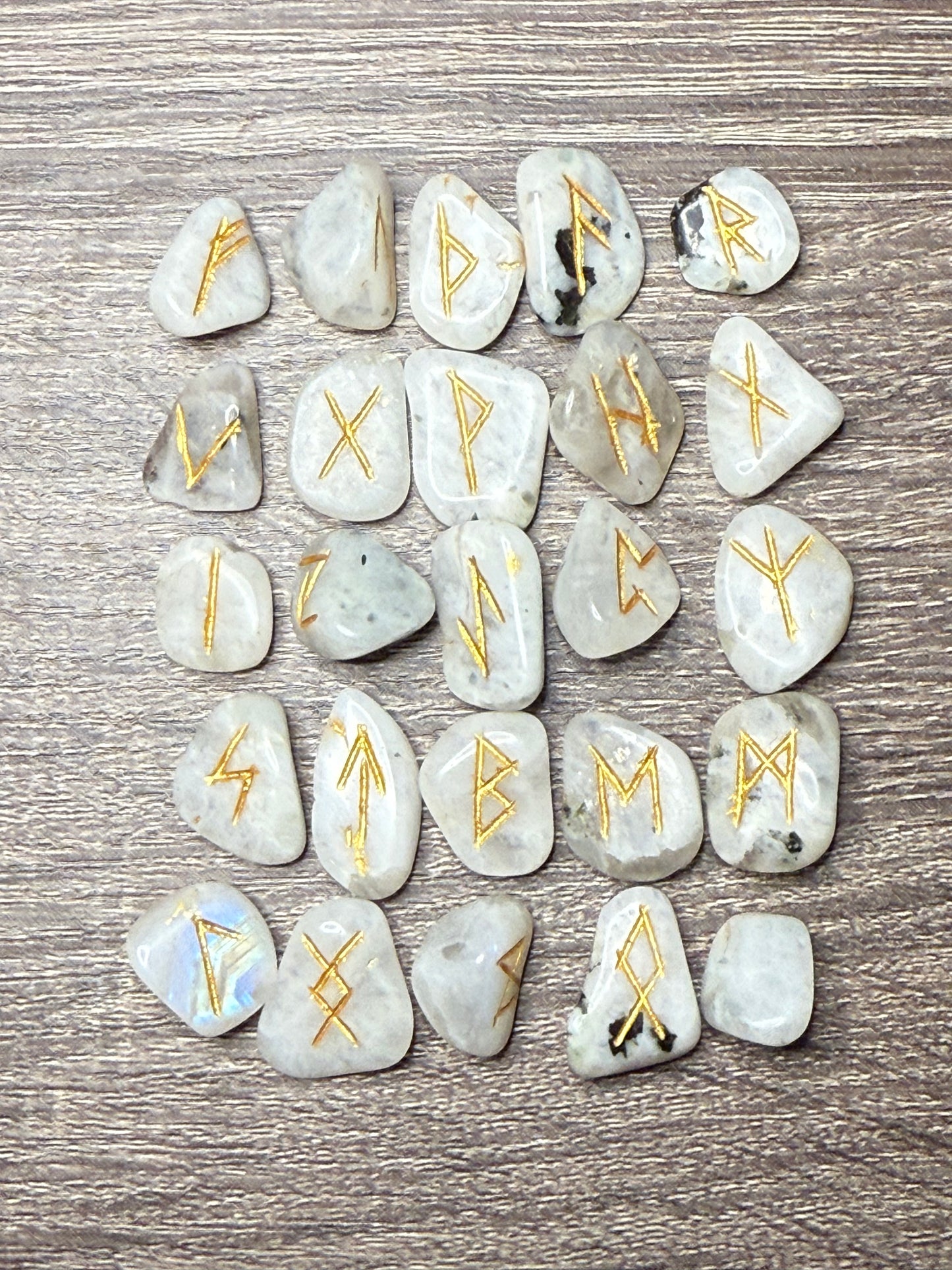 Rainbow Moonstone Rune Stones Set #1 Crystal with Elder Futhark Letterings