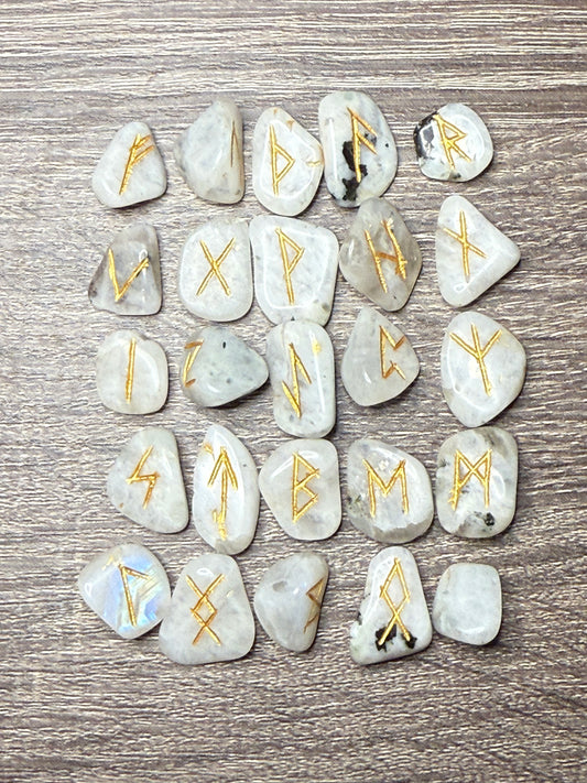 Rainbow Moonstone Rune Stones Set #1 Crystal with Elder Futhark Letterings