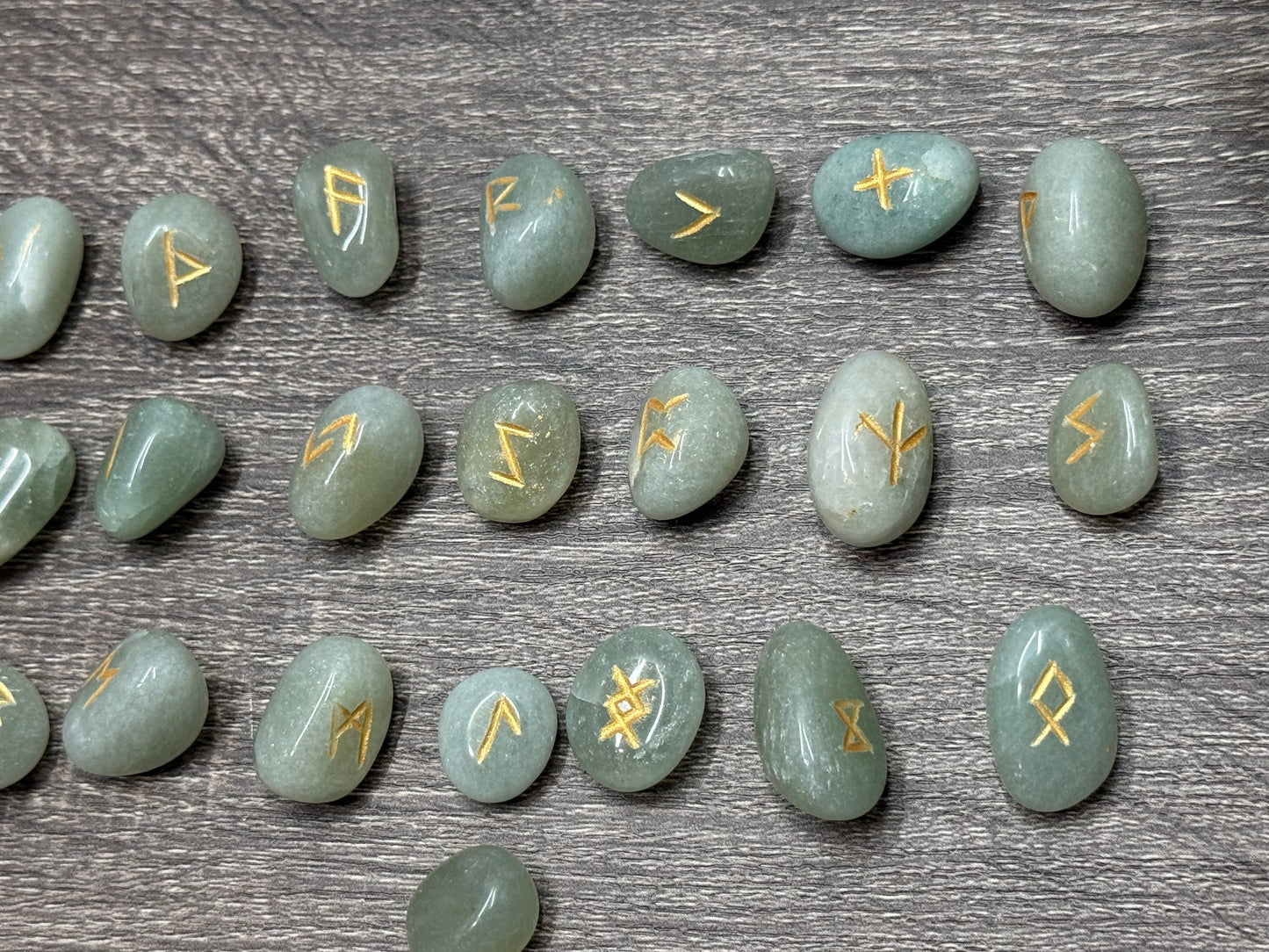 Green Aventurine Rune Stones Set Crystal with Elder Futhark Letterings - Set 1