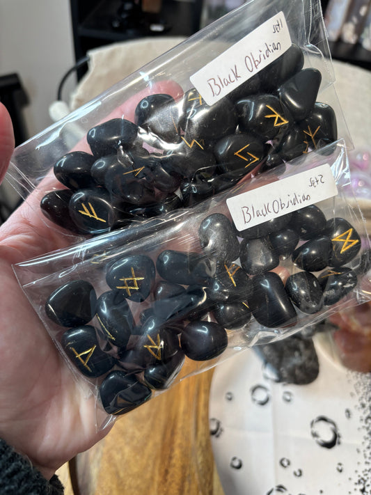 Black Obsidian Rune Stones Set Crystal with Elder Futhark Letterings