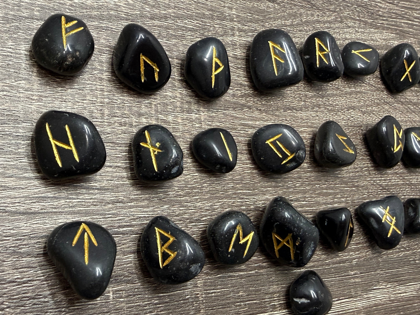 Black Obsidian Rune Stones Set Crystal with Elder Futhark Letterings