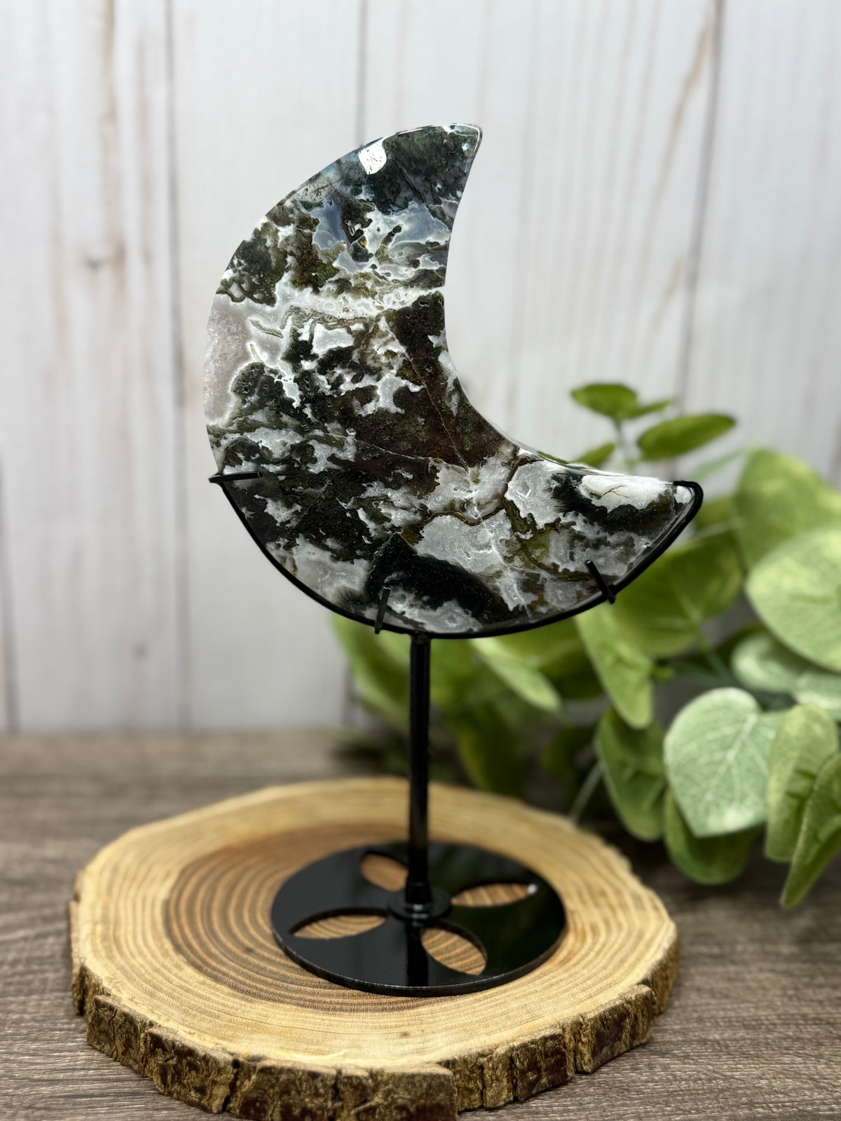Moss Agate Moons on Stands (larger)