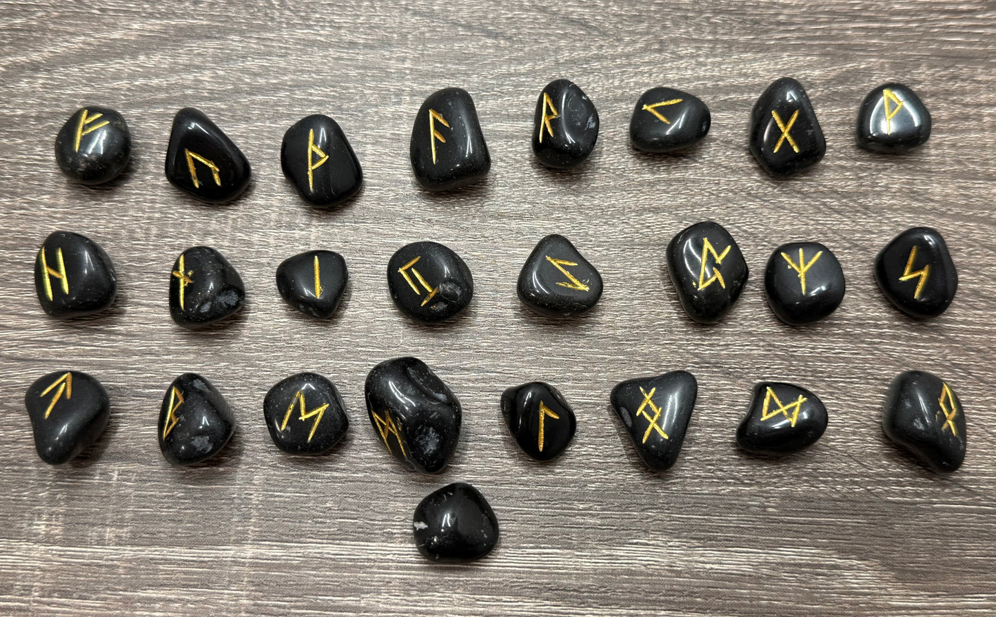 Black Obsidian Rune Stones Set Crystal with Elder Futhark Letterings