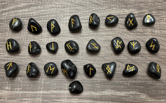 Black Obsidian Rune Stones Set Crystal with Elder Futhark Letterings