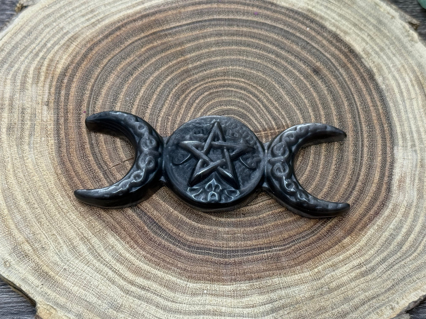 Triple Moon Obsidian Sheen Carving