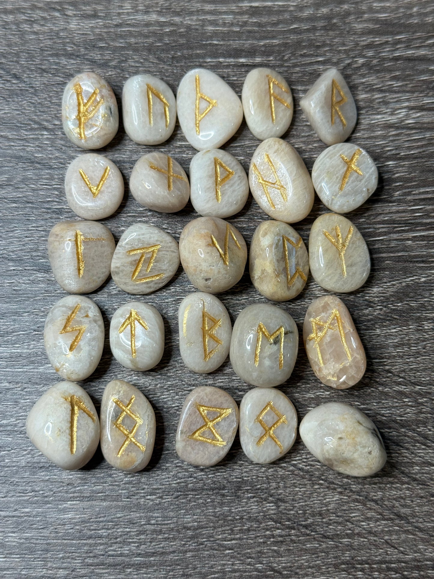 Peach Moonstone Rune Stones Set #1 Crystal with Elder Futhark Letterings