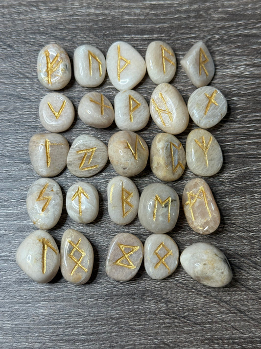 Peach Moonstone Rune Stones Set #1 Crystal with Elder Futhark Letterings