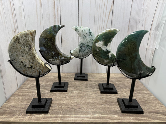 Smaller Moss Agate Moons on Stands (Square Base)