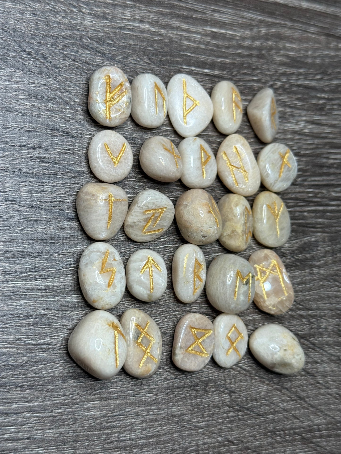 Peach Moonstone Rune Stones Set #1 Crystal with Elder Futhark Letterings