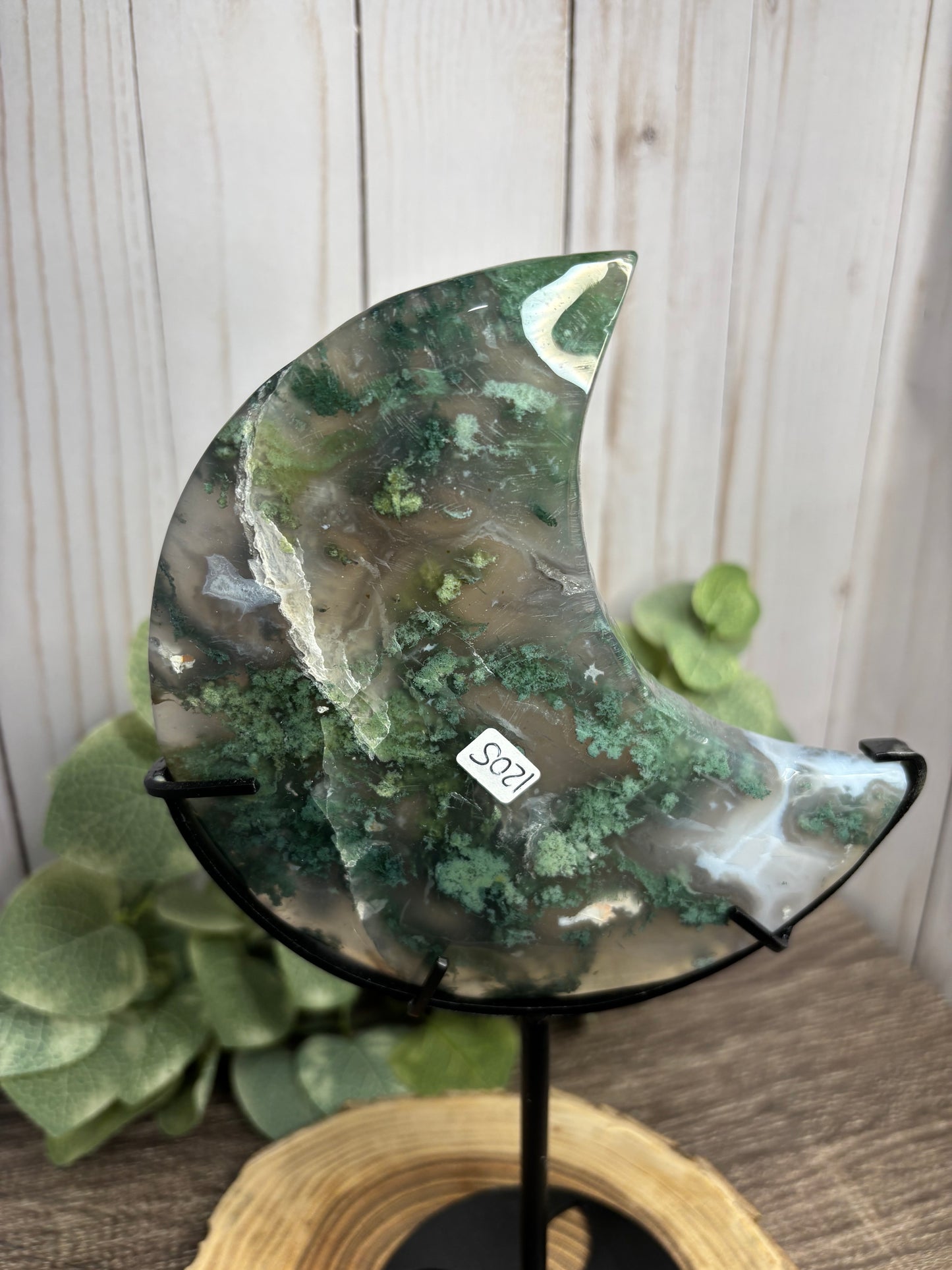 Moss Agate Moon on Stand