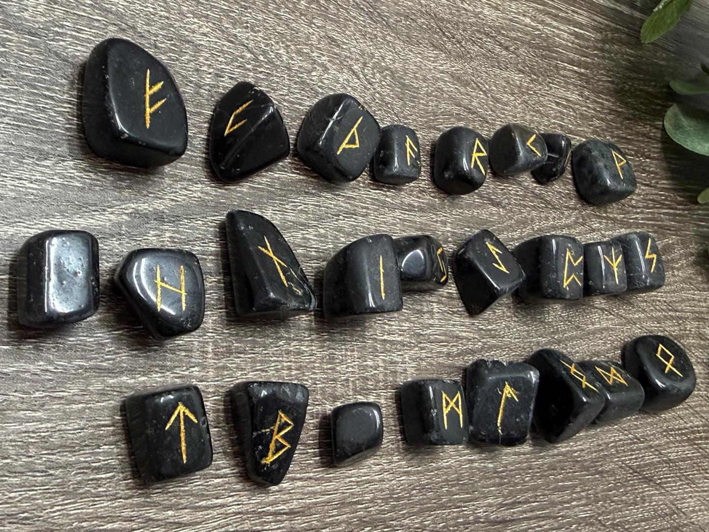 Black Obsidian Rune Stones Set Crystal with Elder Futhark Letterings