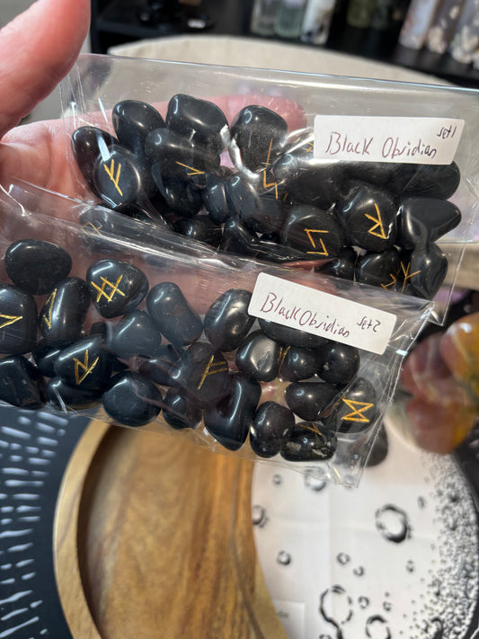 Black Obsidian Rune Stones Set Crystal with Elder Futhark Letterings