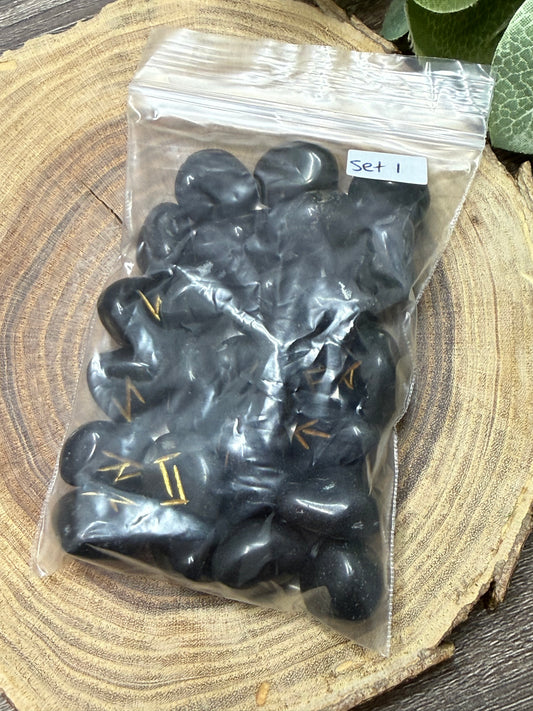 Black Obsidian Rune Stones Set Crystal with Elder Futhark Letterings