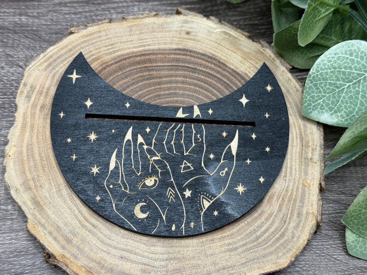 Card Stand, Card Holder, Card Board - Wooden Half Moon, mystical hands, eye, moon