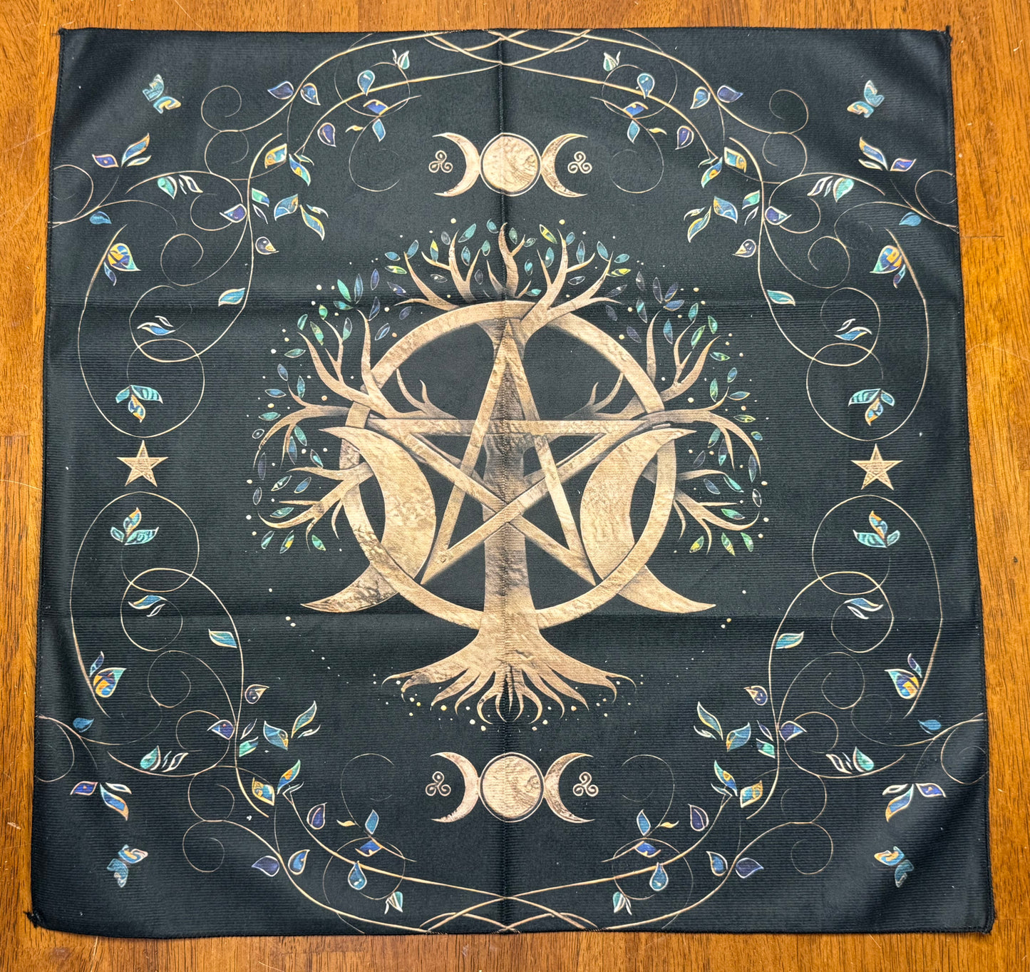 Altar Cloth - Black - Tree, Pentacle, Moons, Triple Moon, whimsical leaves