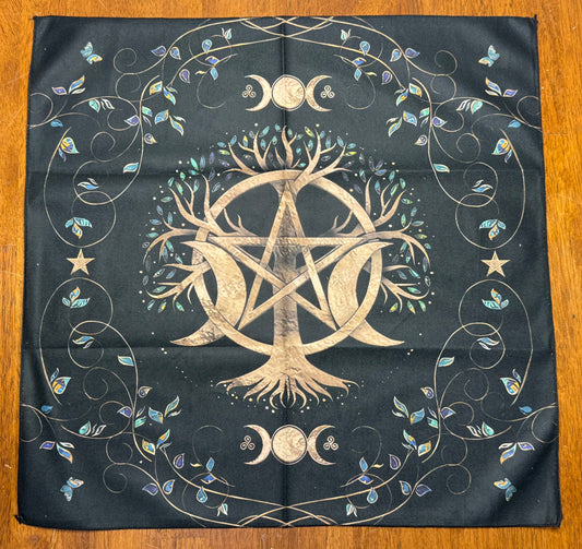 Altar Cloth - Black - Tree, Pentacle, Moons, Triple Moon, whimsical leaves
