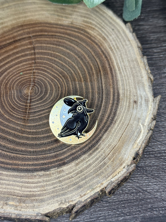 Bird with Witch Hat and Moon Pin