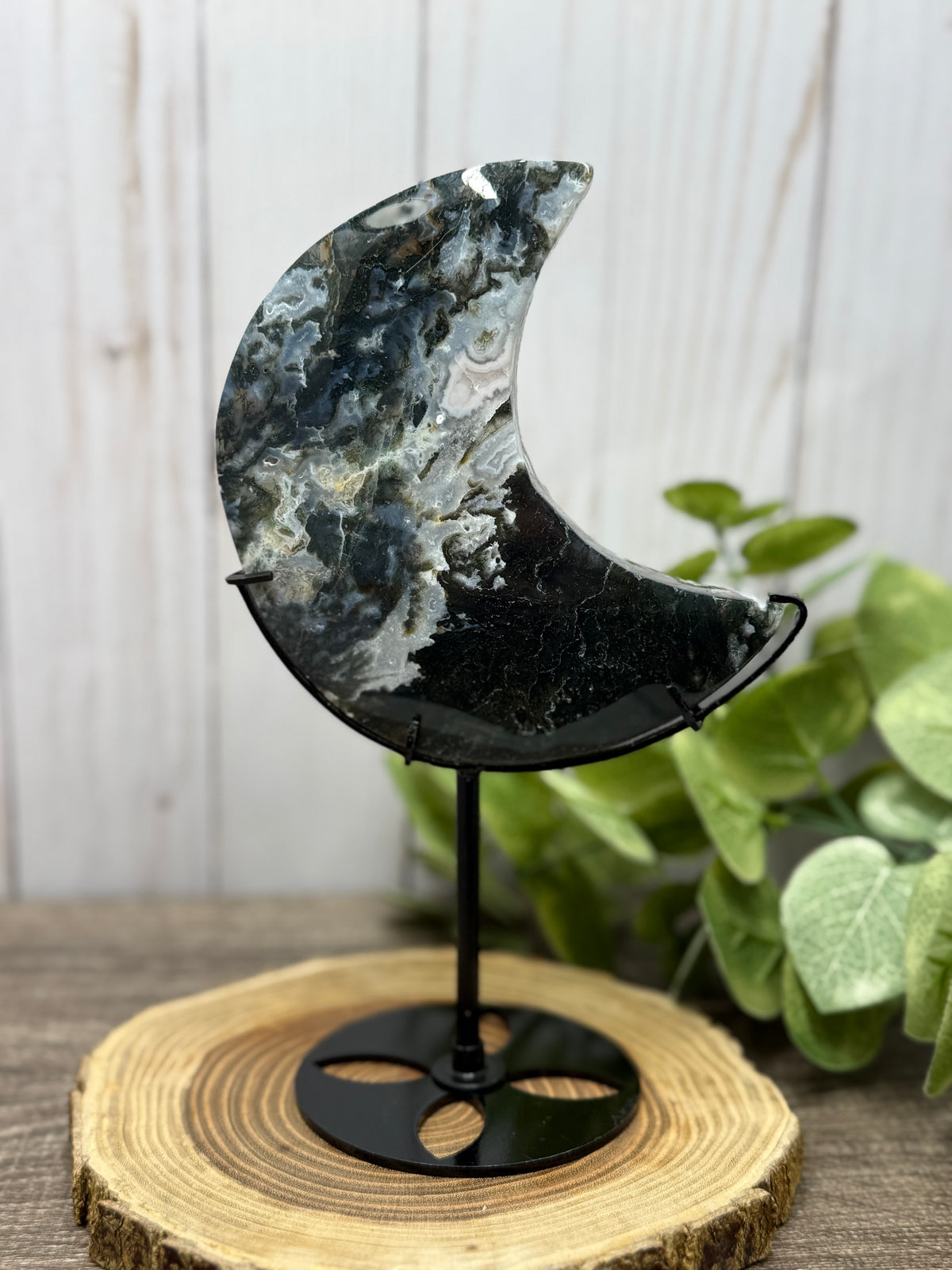 Moss Agate Moons on Stands (larger)