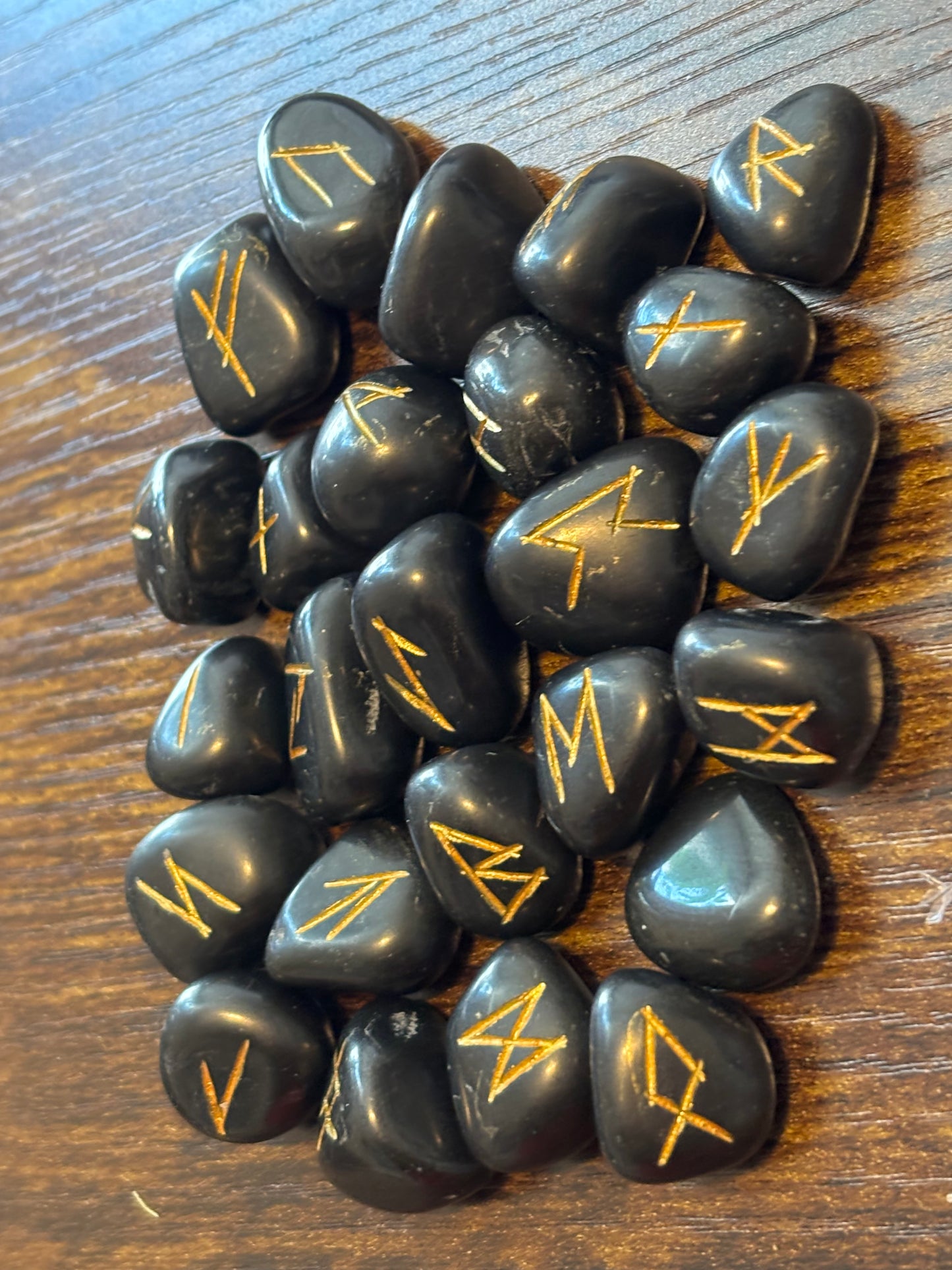 Black Obsidian Rune Stones Set Crystal with Elder Futhark Letterings