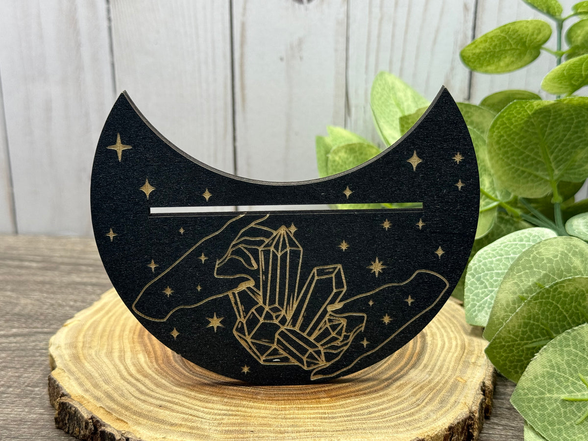 Card Stand, Card Holder, Card Board - Wooden Half Moon, Hands with Crystals (Black)
